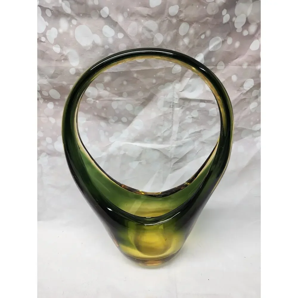 Vintage Murano Glass Basket Vase Yellow/Green Sommerso Hand blown 13.5